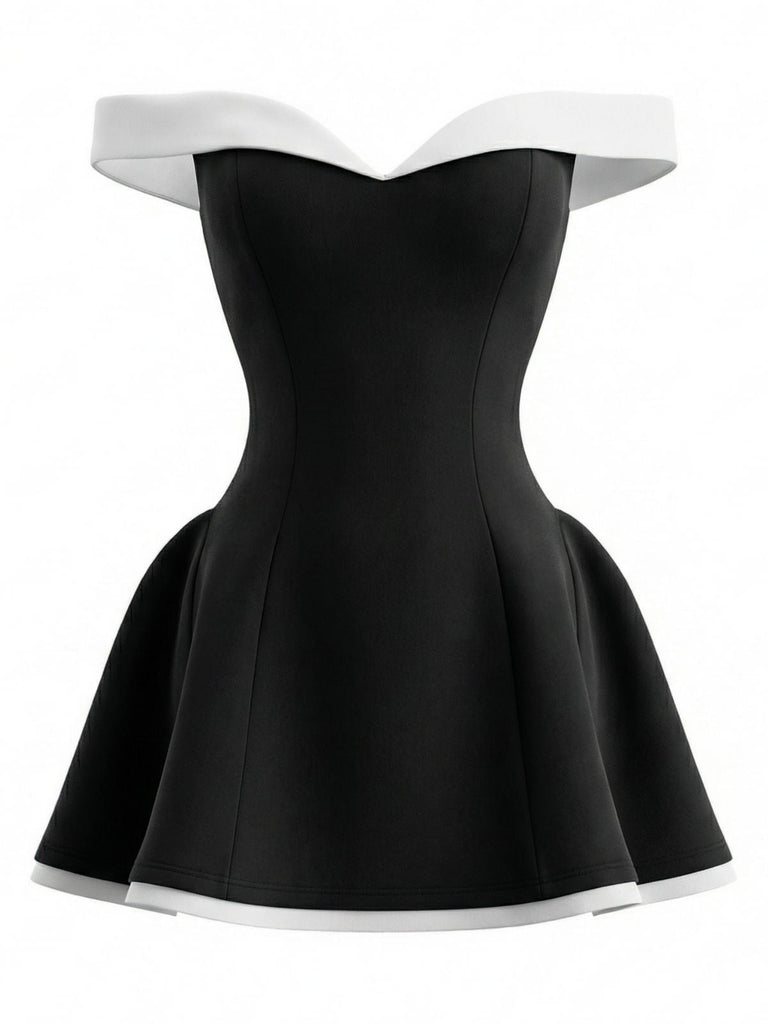 1960er Schulterfrei Figurbetont Einfarbig Mini Kleid