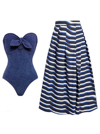 1980er Trägerlos Jeansstoff Einteiliger Badeanzug & Streifen Cover-Up