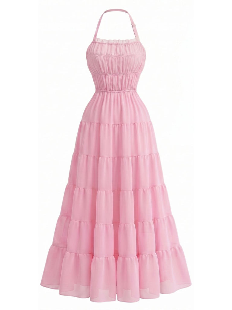 70er Chiffon-Maxikleid mit Neckholder und offenem Rücken