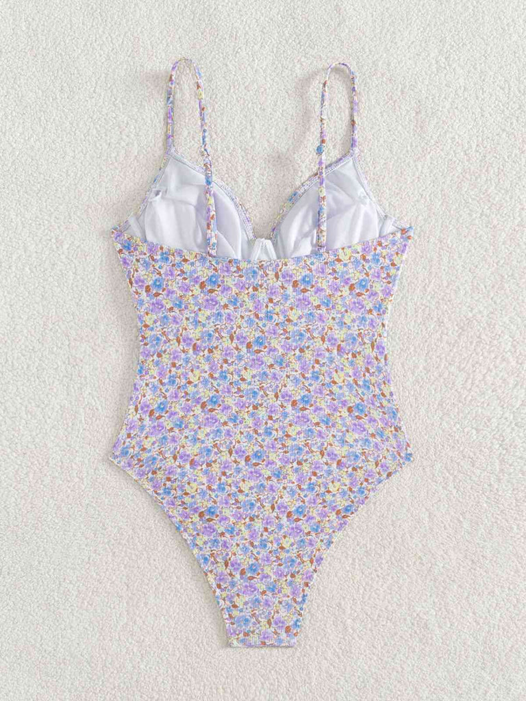 Lila 1950er Kleine Blumen Schnürung Badeanzug