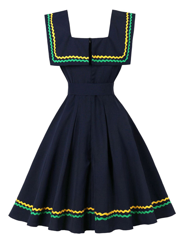 Marineblau 1950er Quadratischer Hals Wellig Streifen Ärmellos Kleid