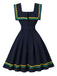 Marineblau 1950er Quadratischer Hals Wellig Streifen Ärmellos Kleid