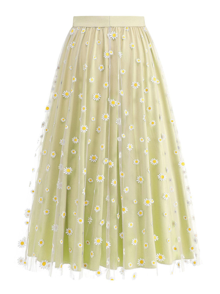 1940er Gänseblümchen Netz Hohe Taille A-Linie Rock