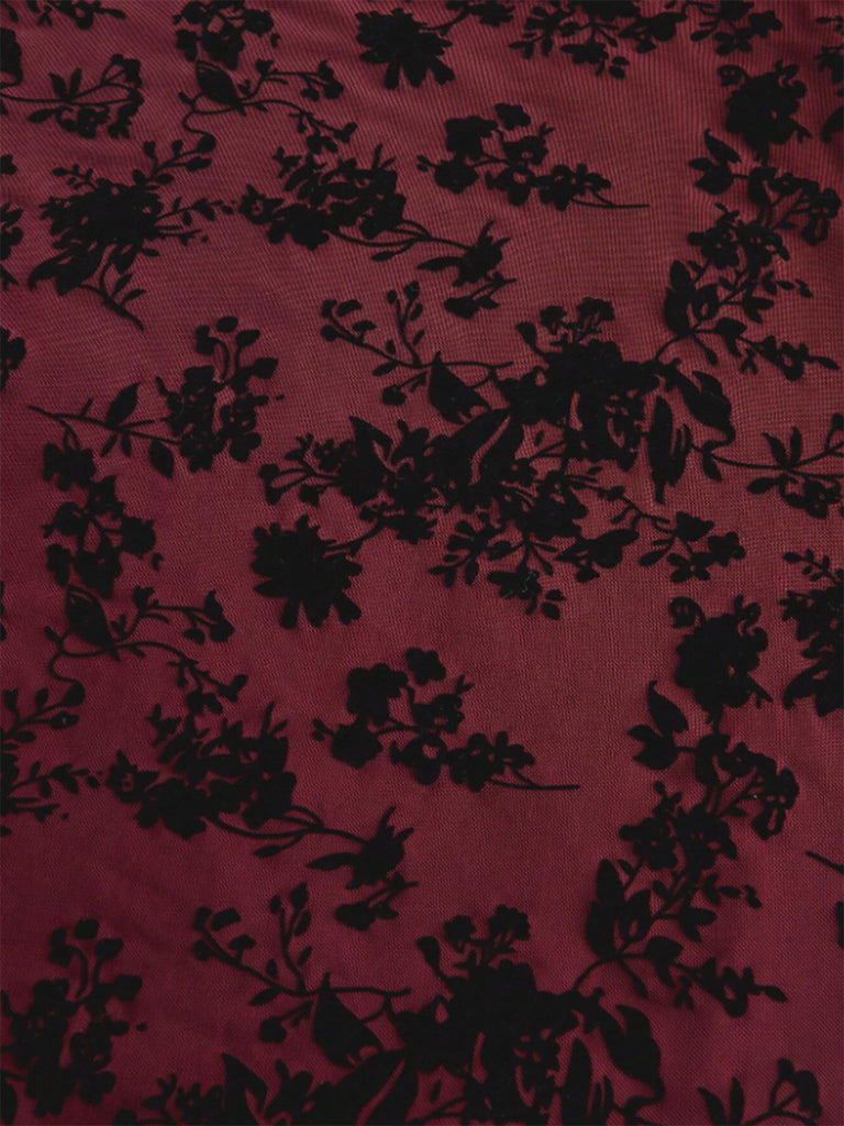 Weinrot 1950er Spitze Blumen Bischofsärmel Kleid