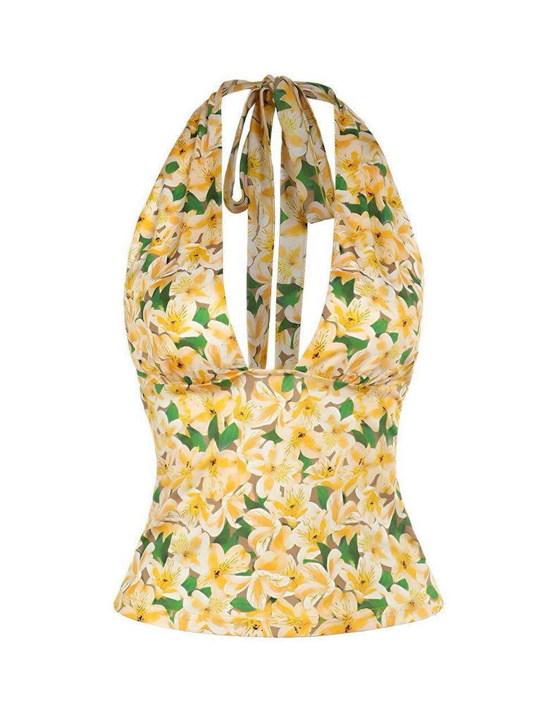 Gelb 1950er Halter Tief V-Ausschnitt Lily Top