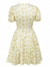 Gelb 1960er Blumen Puffärmel V-Ausschnitt Kleid