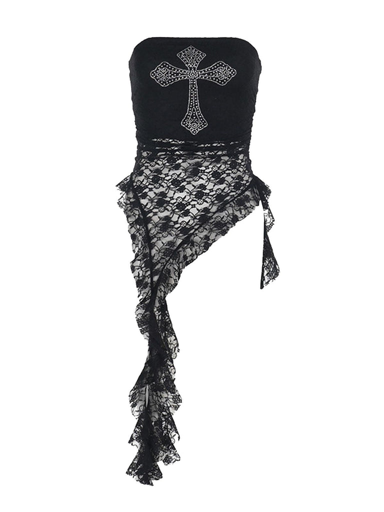 Schwarz 1980er Kreuzen Strassstein Spitze Trägerlos Tank Top