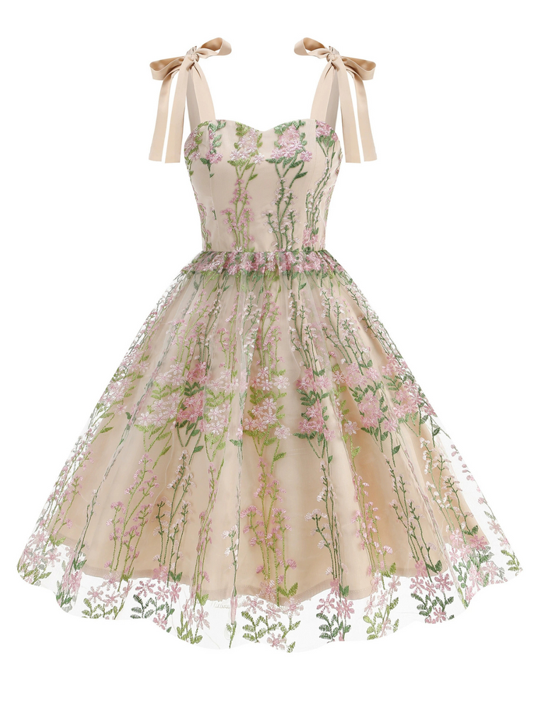 1950er Bestickt Netz Schnürung Herzförmiger Hals Kleid