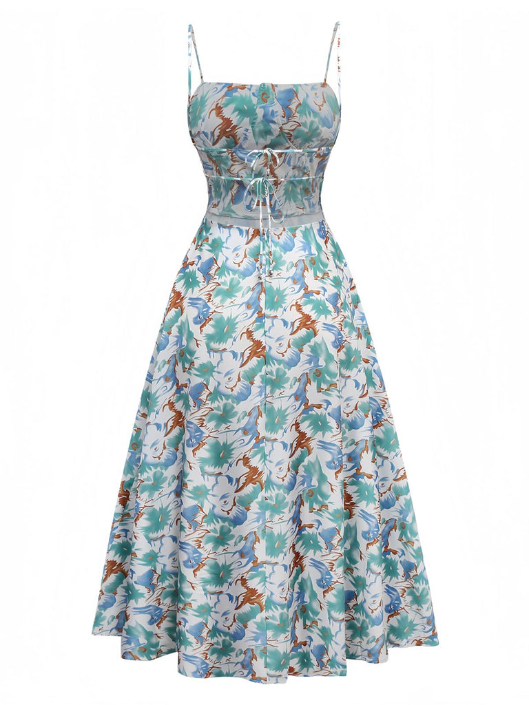 1950er Spaghetti Träger Blumen Rückenfrei Seitenschlitz Kleid
