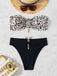 Schwarz 1970er Leopard Metall Taste Trägerlos Bikini Set