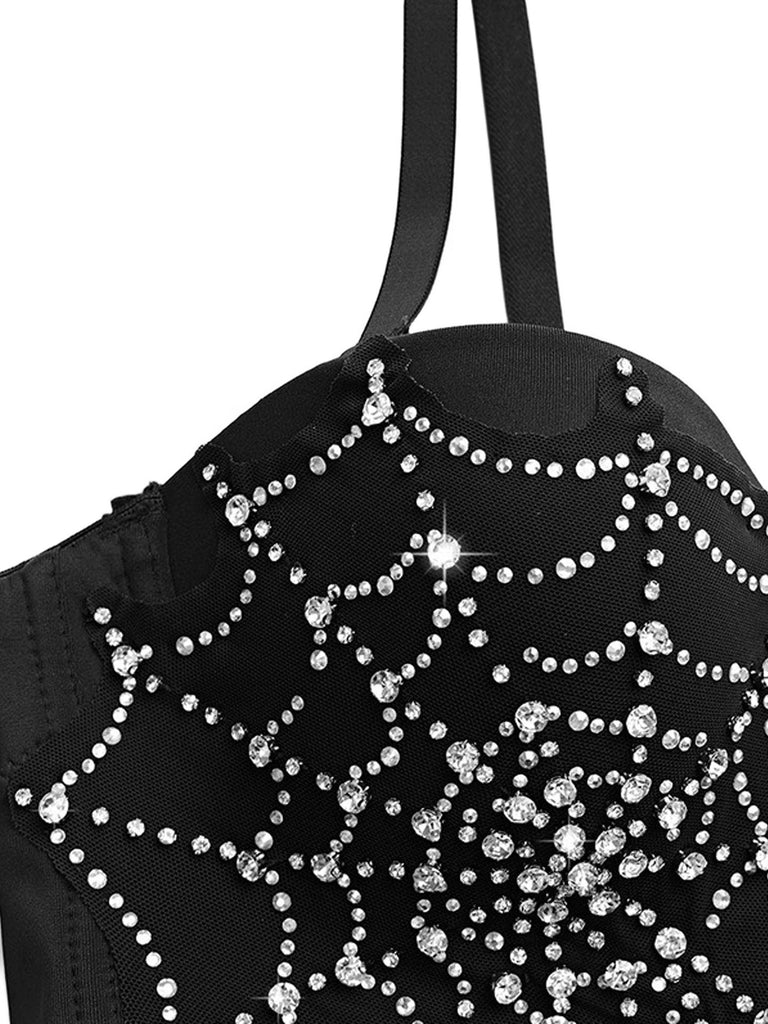 Schwarz 1970er Strassstein Spinnennetz Crop Top