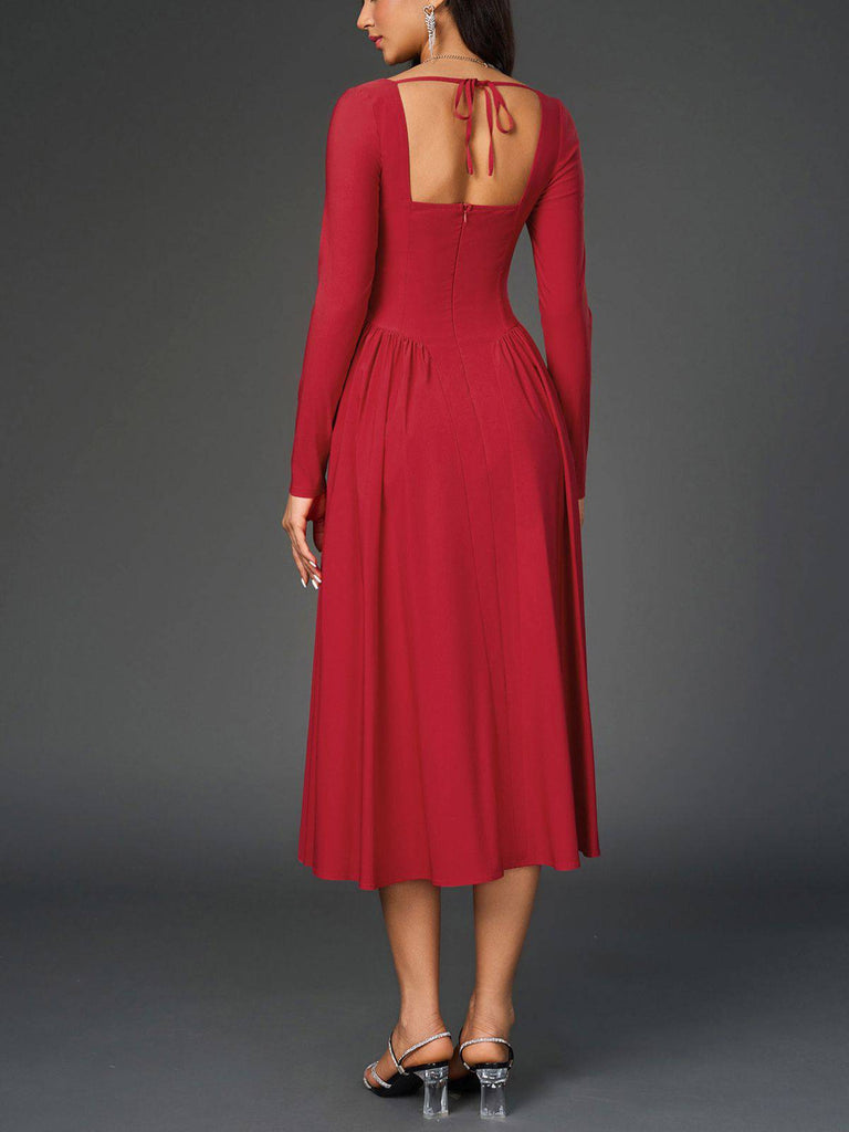 1960er Rückenfrei Schnürung Plissiertes Midi Kleid