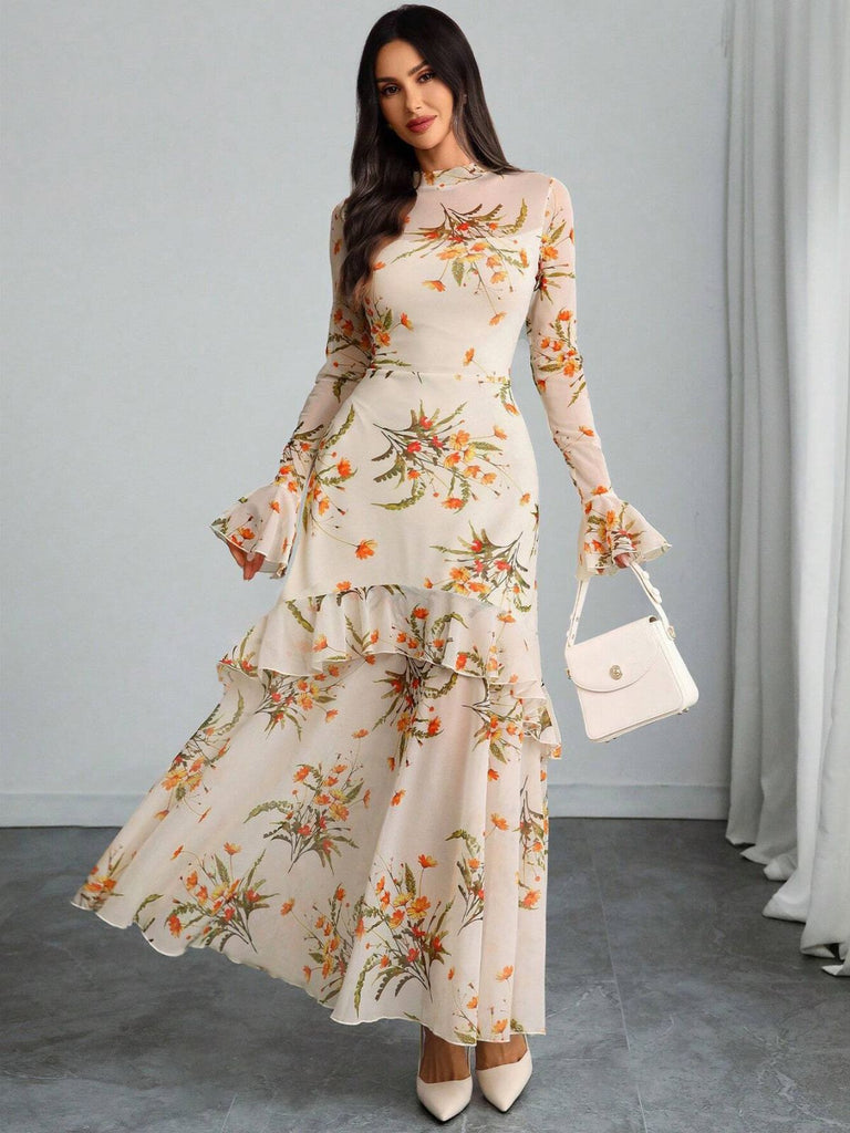 Schwarz 1930er Blumen Netz Rüschen Maxi Kleid