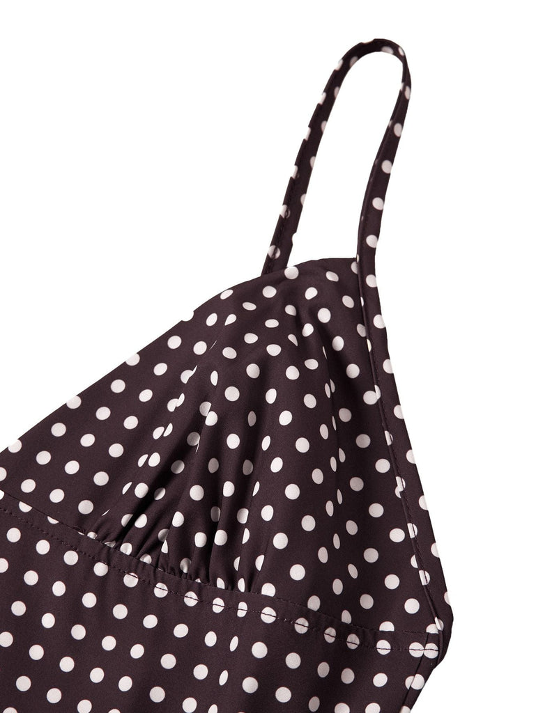 Braun 1980er V-Ausschnitt Polka Punkte Binde Spaghetti Träger Kleid