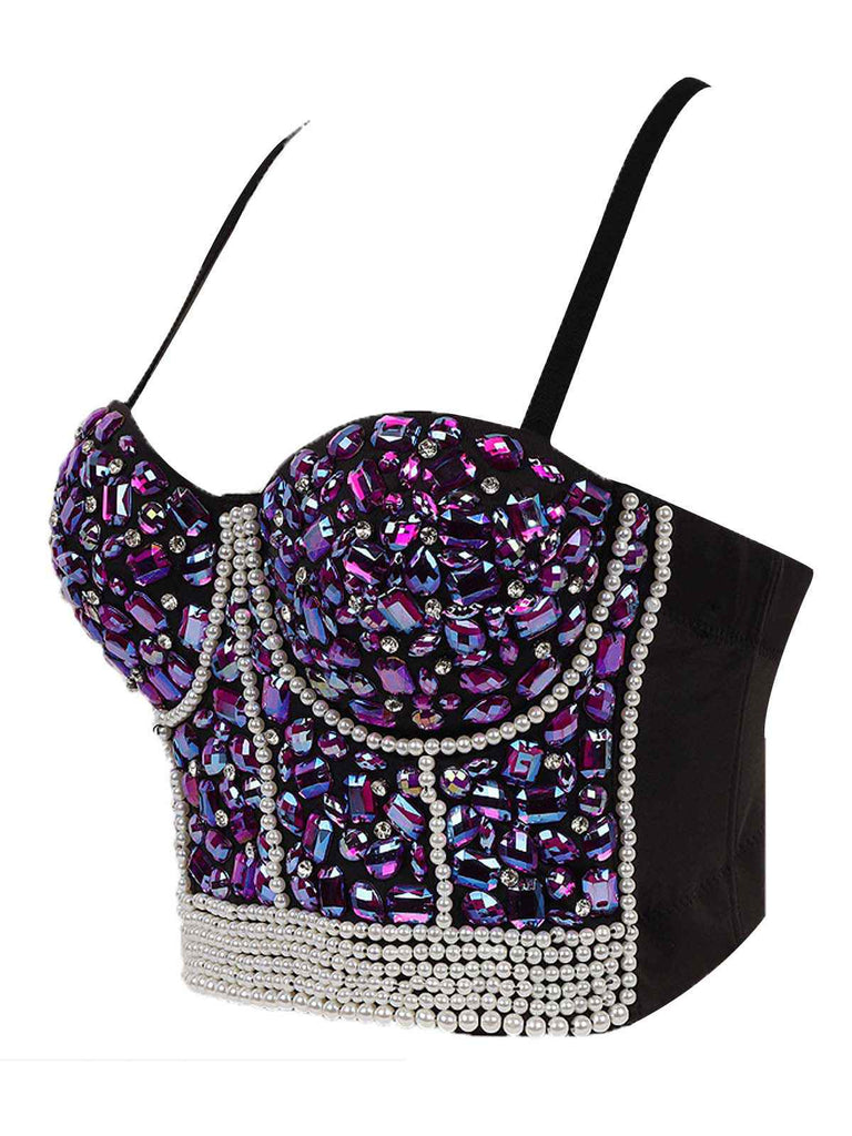 1970er Strassstein Perle Spaghetti Träger Korsett Top