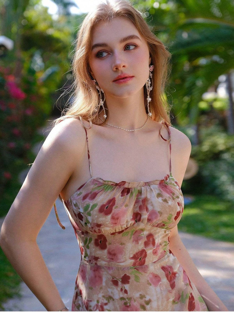 1960er Spaghetti Träger Blumen Rüschen Kleid