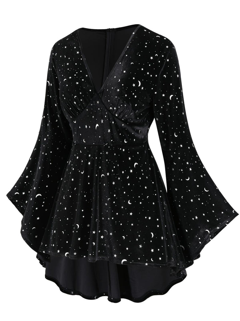 [Übergröße] Schwarz 1960er Stern V-Ausschnitt Samt Kleid