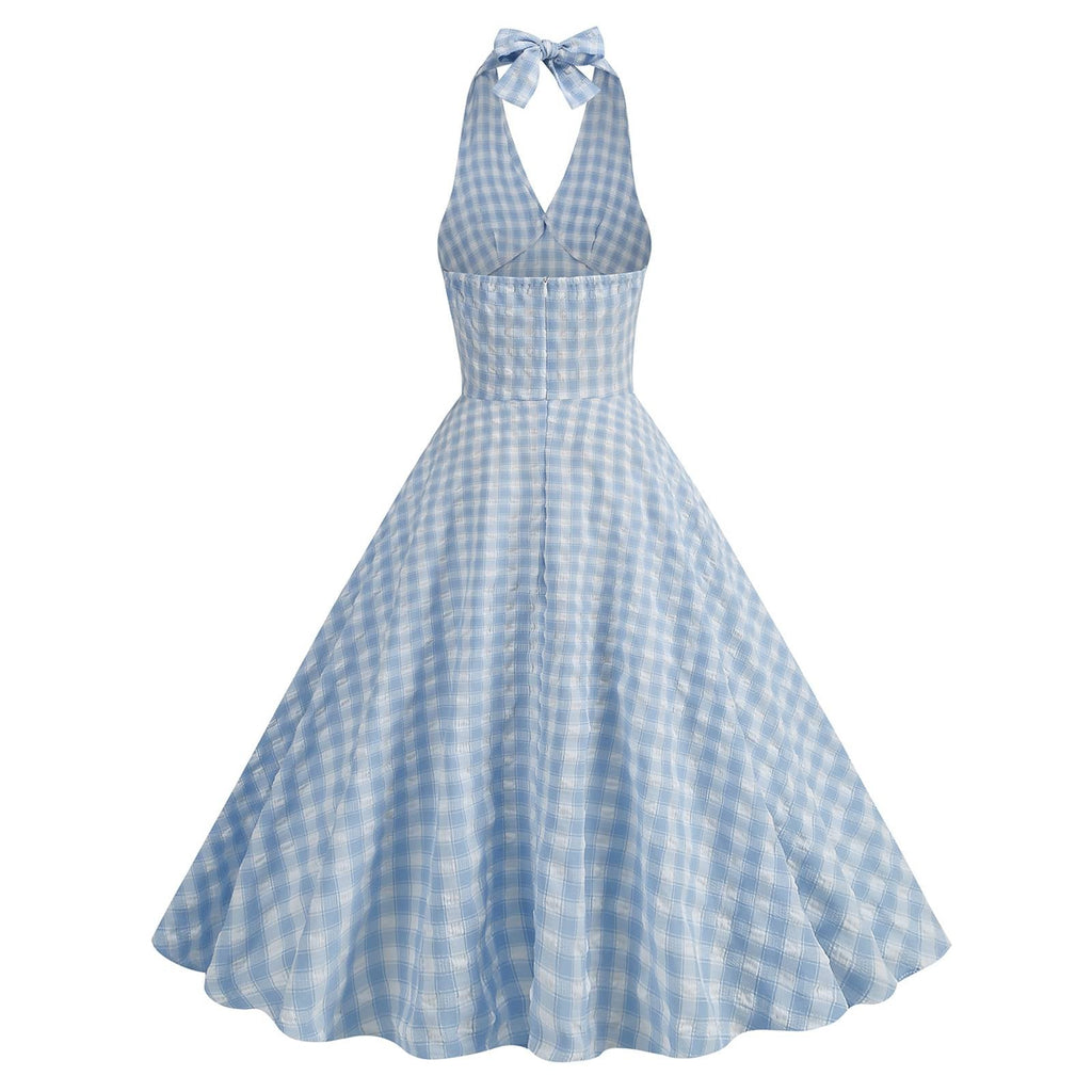 Blau 1950er Halter Plaid Swing Kleid