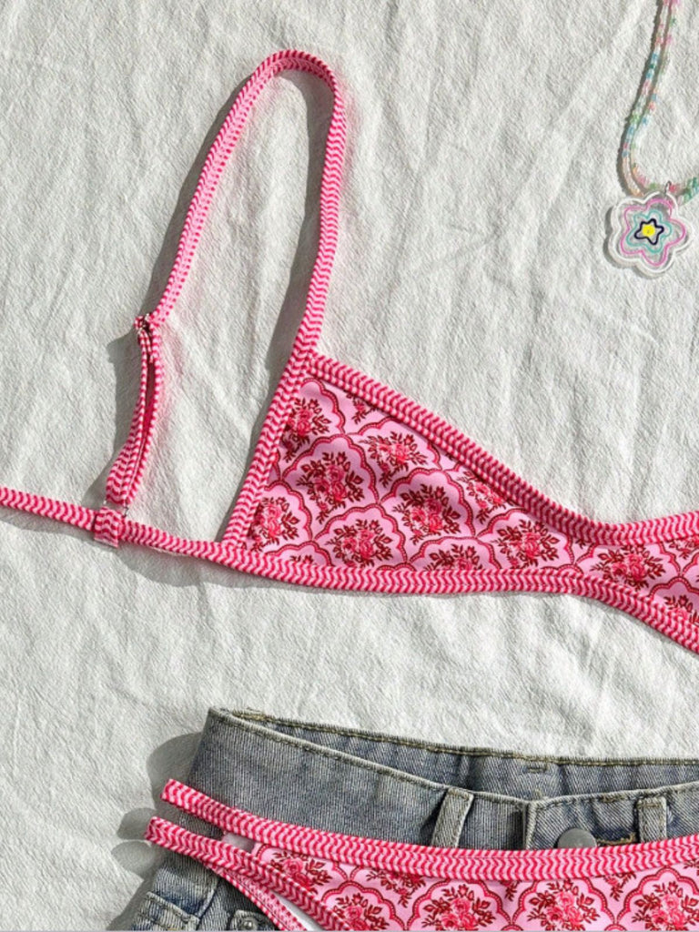Rosa 1960er Blumen Druck Spaghetti Träger Bikini Set