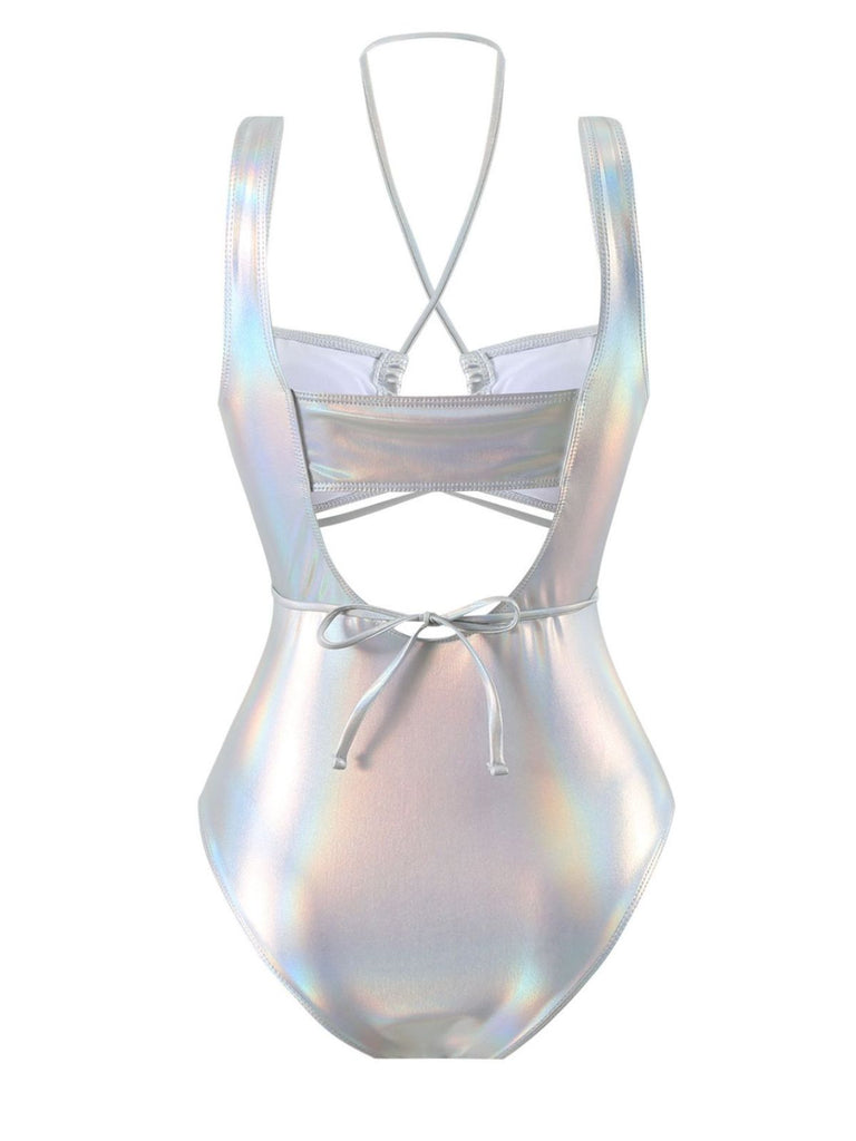 1970er Halter Hohl Metallisch Badeanzug