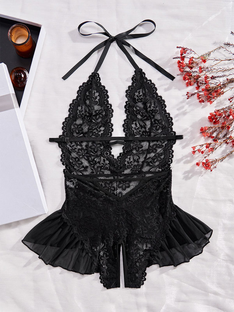 1980er Halter Spitze Dessous mit Leopard Druck Rock