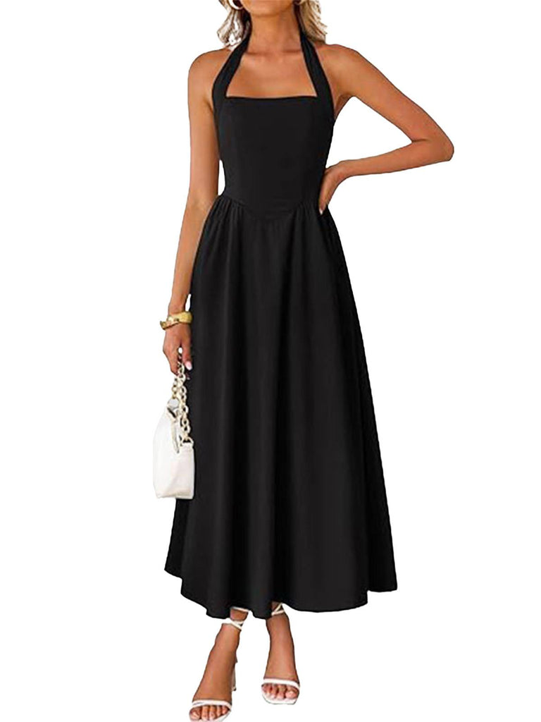 1940er Solide Breit-Träger Halter Rückenfrei Kleid