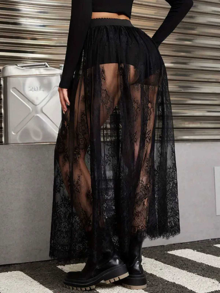 Schwarz 1980er Gothic Durchsichtig Spitze Rock