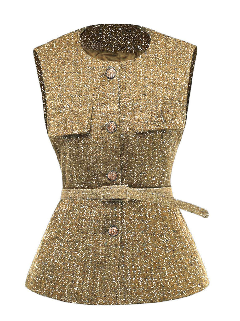 1960er Solide Tweed Knopf Gürtel Weste
