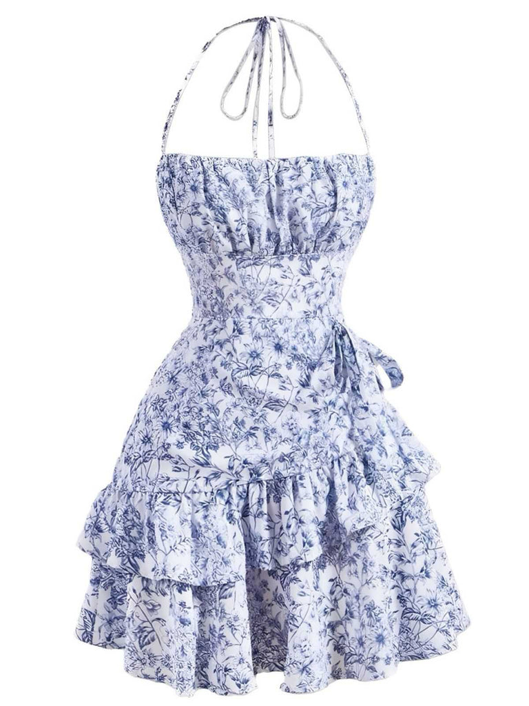 1970er Halter Stufen Rüschen Blumen Kleid