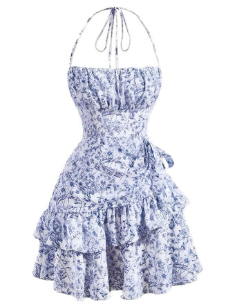 1970er Halter Stufen Rüschen Blumen Kleid