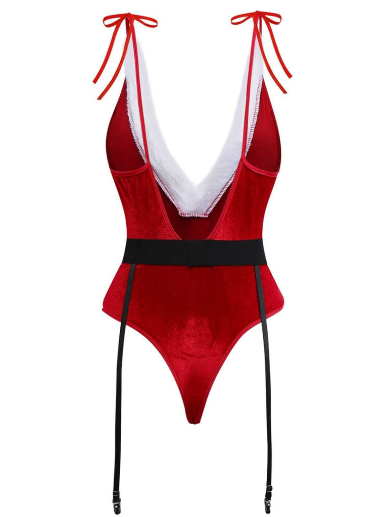 Rot 1970er Tief-V Weihnachten Plüsch Bodysuit Mit Hut