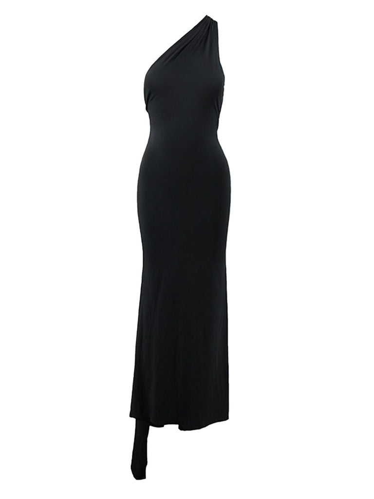 1980er Solide Eine Schulter Rückenfrei Abend Kleid mit Schleppe