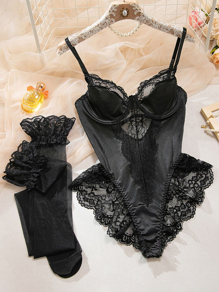 Schwarz 1980er Slip Satin Spitze Bügel Dessous Mit Strümpfen