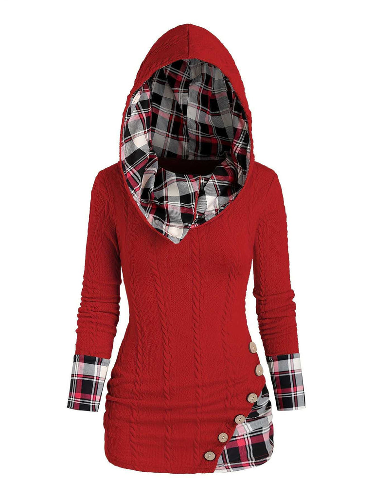 1940er Stricken Plaid Tasten Hooded Pullover