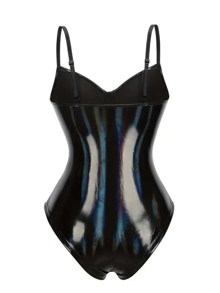 Schwarz 1980er Spaghetti Träger Leder Bodysuit