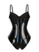 Schwarz 1980er Spaghetti Träger Leder Bodysuit
