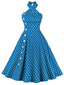 Blaues 1950er Polka Dot Halter Kleid
