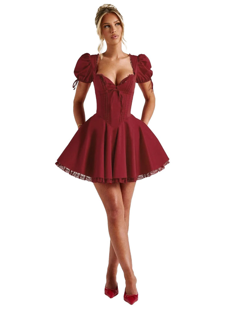 Rot 1960er Solide Puffärmel Schnürung Kleid