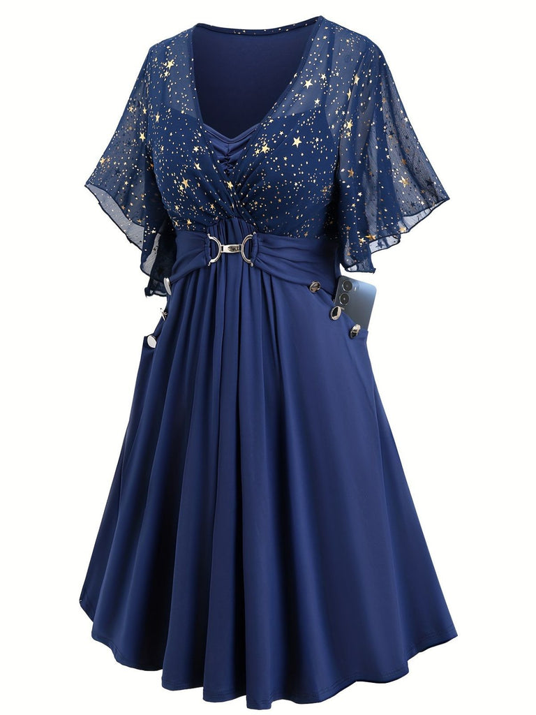 [Übergröße] Marineblau 1970er Stern Rüschen Volantärmel Kleid