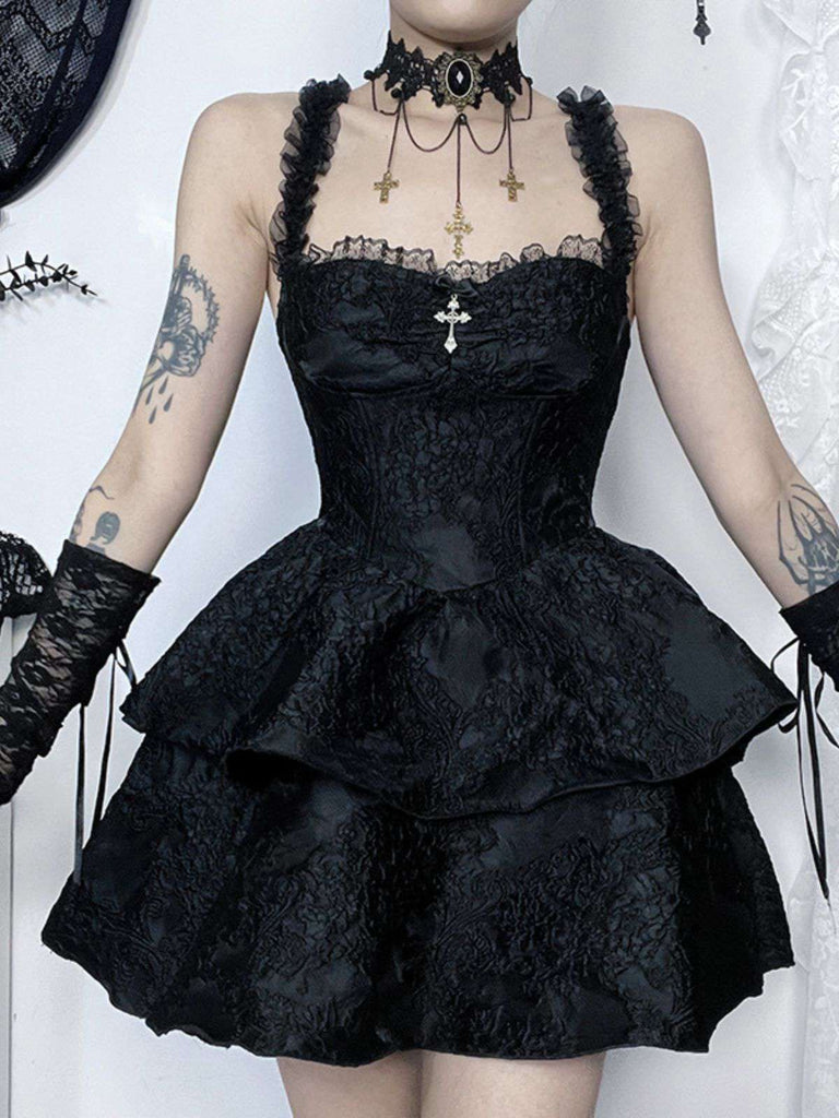 Schwarz 1950er Quadratischer Hals Spitze Kreuzen Bubble Kleid