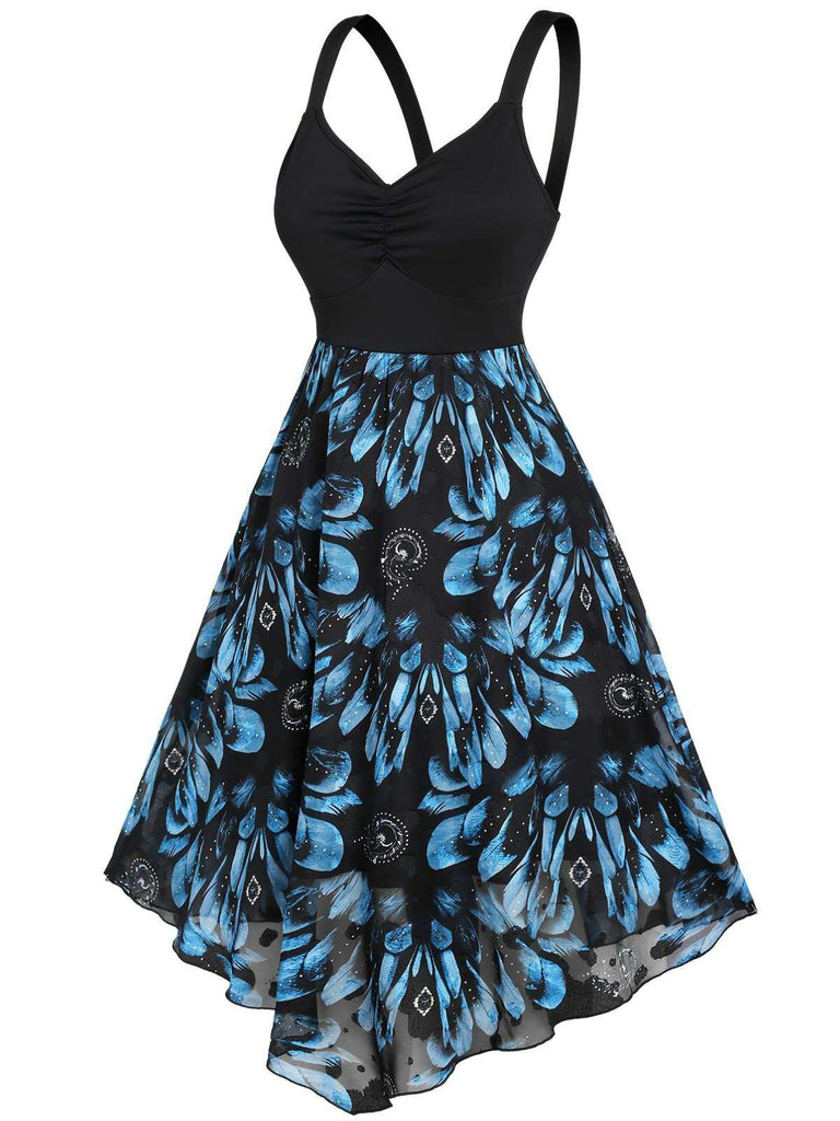 [Übergröße] Dunkelblau 1950er Feder Jacquard Asymmetrisch Kleid