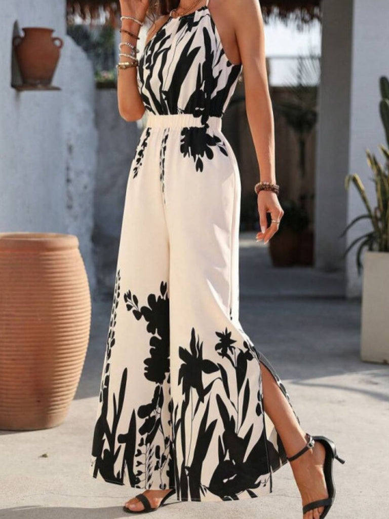 Weiß 1930er Silhouette Pflanzen Spaghetti Träger Jumpsuit