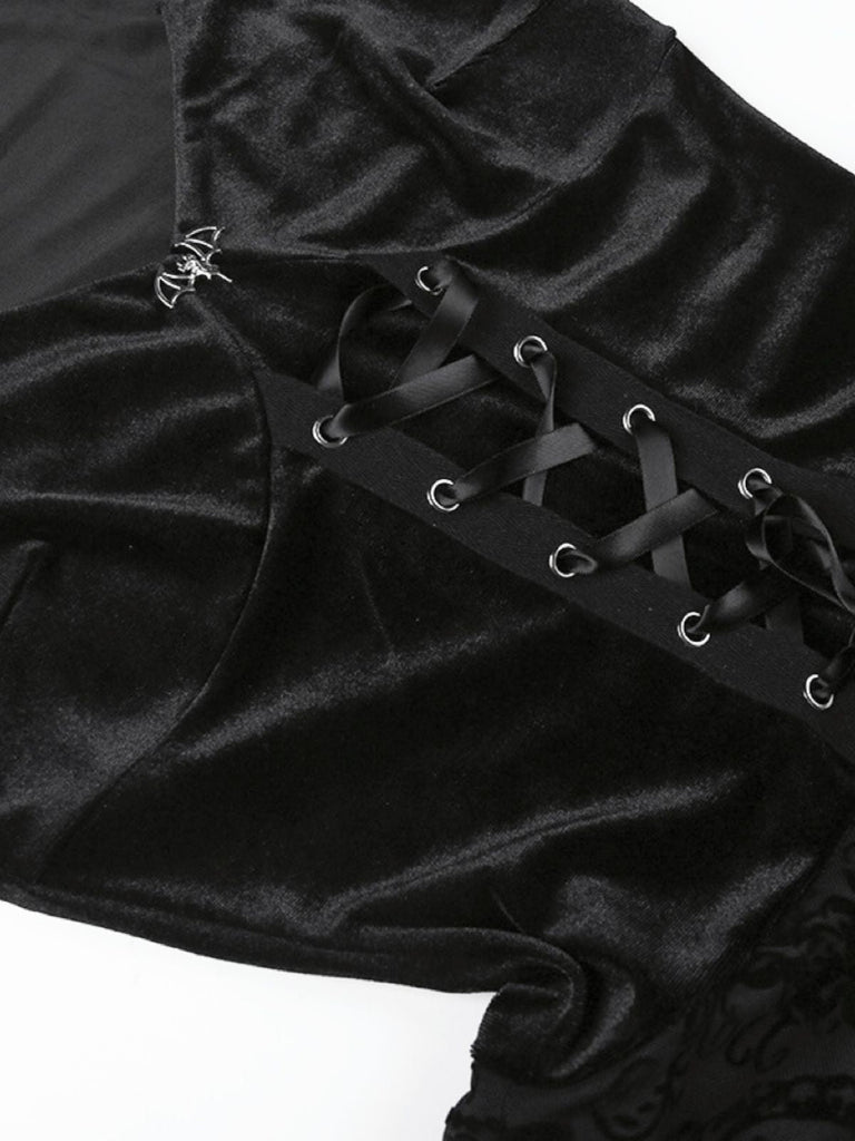 Schwarz 1960er Gothic Beflocktes Kleid