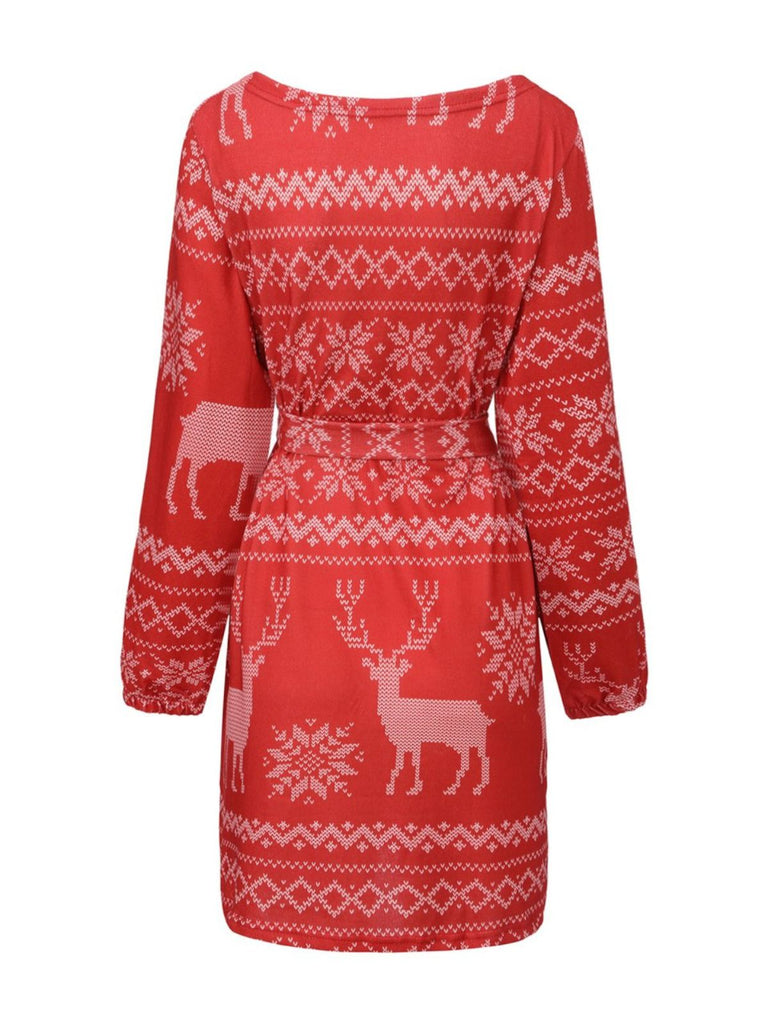 Rot 1960er Weihnachten Reindeer Schneeflocke Gürtel Kleid