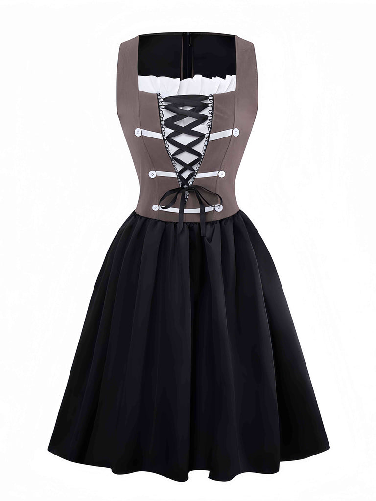 Braun 1960er Pirat Schnürung Quadratischer Hals Korsett Kleid