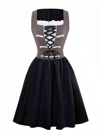 Braun 1960er Pirat Schnürung Quadratischer Hals Korsett Kleid