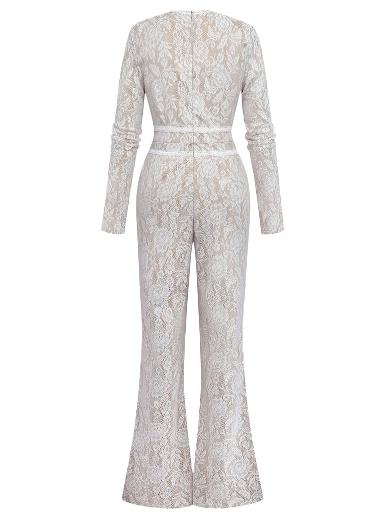 Weiß 1970er Spitze Langarm Ausgestellt Beine Jumpsuit
