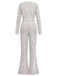 Weiß 1970er Spitze Langarm Ausgestellt Beine Jumpsuit