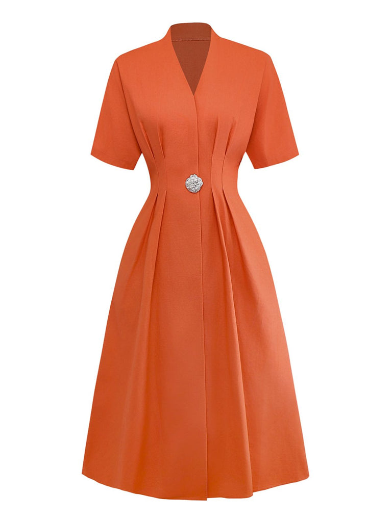 Orange 1940er Solide V-Ausschnitt Brosche Knopf Kleid