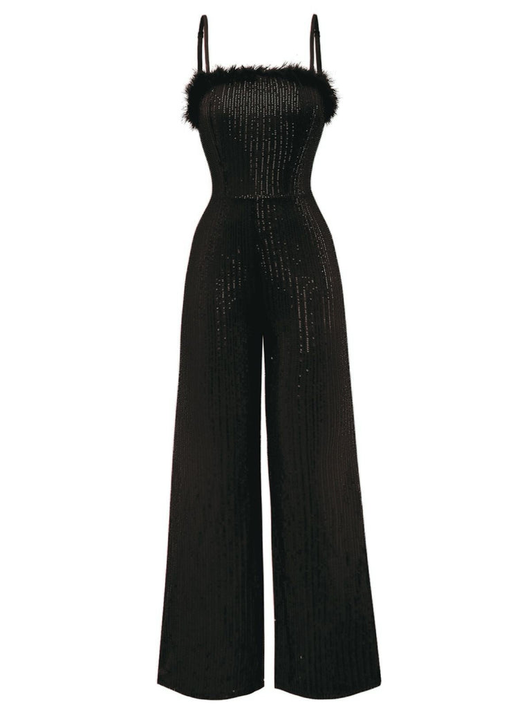 1970er Pailletten Fell Trimmen Patchwork Spaghetti Träger Jumpsuit